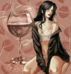 1girl aegyo_sal black_eyes black_hair black_jacket black_lips bra cup drinking_glass eyeshadow flower full_body head_tilt highres jacket jacket_on_shoulders lace lace_bra lace_panties leukocoria lipstick_stain long_hair looking_at_viewer makeup no_pants no_shirt original panties petals pink_liquid seiza sidelocks sitting sonaireeart spaghetti_strap underwear wine_glass