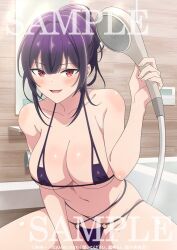 1girl bathroom bikini breasts collarbone covered_erect_nipples groin haite_kudasai_takamine-san large_breasts looking_at_viewer micro_bikini navel o-ring official_art purple_hair red_eyes sidelocks smile spread_legs stomach swimsuit takamine_takane thighs