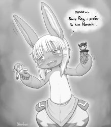 1other :d androgynous animal_ears blush character_doll cowboy_shot english_text facial_mark furry greyscale highres horizontal_pupils kionant made_in_abyss monochrome nanachi_(made_in_abyss) open_mouth playing pouch puffy_pants rabbit_ears reg_(made_in_abyss) riko_(made_in_abyss) signature smile solo topless_other whisker_markings