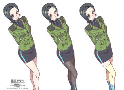 1girl arms_behind_back artist_name bare_legs black_boots black_hair black_pantyhose black_shirt black_skirt blue_boots blue_eyeshadow blush boots closed_mouth commentary_request comoli_harcourt english_text eyeshadow feet_out_of_frame forehead green_jacket gundam gundam_gquuuuuux jacket knee_boots kuroda_asaki long_sleeves looking_at_viewer makeup military_uniform miniskirt mixed-language_text multiple_views pantyhose pencil_skirt shirt short_hair simple_background skirt smile thighhighs turtleneck turtleneck_shirt twitter_username white_background yellow_thighhighs