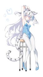 1girl animal_ears arm_up armpits bare_shoulders black_hair blue_bow blue_bowtie blue_eyes blue_leotard blue_shoes bowtie breasts bug butterfly collar covered_groin covered_navel detached_collar floating_hair full_body hair_between_eyes hair_ornament hairclip high_heels horegi insect knees_together_feet_apart leotard long_hair looking_at_viewer multicolored_hair original pantyhose parted_lips playboy_bunny raised_eyebrows shoes simple_background sitting small_breasts star-shaped_pupils star_(symbol) stool strapless strapless_leotard streaked_hair symbol-shaped_pupils tail tiger_tail two_side_up very_long_hair white_background white_collar white_hair white_pantyhose white_tail white_wrist_cuffs wrist_cuffs x_hair_ornament