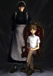 1boy 1girl apron black_dress black_hair black_lagoon blonde_hair braid dress expressionless garcia_lovelace highres laluzhutou long_hair looking_at_viewer maid roberta_(black_lagoon) round_eyewear sitting twin_braids