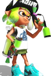 Rule 34 | 1girl, 3d, bare arms, baseball cap, bike shorts, blue shoes, eye mask, full body, gradient hair, green hair, green skirt, hat, holding, holding weapon, ink tank (splatoon), inkling, inkling girl, inkling player character, looking ahead, miniskirt, multicolored hair, nintendo, official art, orange eyes, shoes, short eyebrows, short hair, sidelocks, skirt, smile, sneakers, solo, splat dualies (splatoon), splatoon (series), splatoon 2, spotted hair, standing, suction cups, surume (splatoon), tan, tank top, tentacle hair, thick eyebrows, transparent background, two-tone hair, v-shaped eyebrows, weapon, white tank top