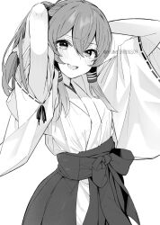 Rule 34 | 1girl, absurdres, arms up, blush, commentary request, greyscale, hair tubes, hakama, hands in own hair, highres, hip vent, japanese clothes, kosode, long hair, long sleeves, looking at viewer, meimei (meimei89008309), miko, miyadeguchi mizuchi, miyadeguchi mizuchi (human), monochrome, open mouth, ponytail, ribbon-trimmed sleeves, ribbon trim, simple background, smile, solo, touhou, twitter username, white background, wide sleeves