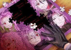 Rule 34 | 6+boys, absurdres, black eyes, black gloves, black hair, black shirt, blood, blood on face, closed mouth, commentary request, dita iliner, gloves, green shirt, hatsutori hajime, heterochromia, highres, jigsaw puzzle, long hair, long sleeves, male focus, multicolored hair, multiple boys, mutsushika misumi, nanami izu, nijou ryuu, parted bangs, pink hair, puzzle, red eyes, saibou shinkyoku, shirt, shoe (zundoko hoihoi), smile, split-color hair, theodore riddle, two-tone hair, uneven eyes