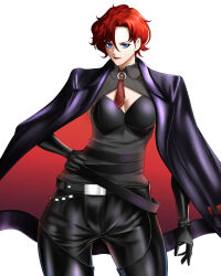Rule 34 | absurdres, alternate costume, boots, chaps, gloves, highres, jacket, leather, leather belt, leather gloves, leather jacket, leather pants, leather suit, nagaomono, necktie, pants, red hair, thigh boots, thighhighs, vanessa (kof)