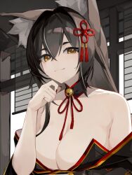 1girl animal_ear_fluff animal_ears bare_shoulders black_hair breasts cine_(wazd0183) cleavage close-up collarbone fox_girl grey_hair highres indie_virtual_youtuber kitsune large_breasts long_hair multicolored_hair nail_polish neck_ribbon ribbon satsuki_mei_(vtuber) streaked_hair virtual_youtuber