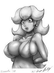 1girl bikini bikini_top_only breasts cleavage earrings female_focus jewelry large_breasts long_hair mario_(series) midriff monochrome navel nintendo princess_peach smile solo speeds super_mario_bros._1 swimsuit upper_body
