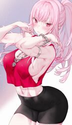 1girl :/ abs absurdres alternate_costume arm_strap bike_shorts black_shorts blunt_bangs blush breasts cleavage commentary cowboy_shot crop_top english_commentary hands_up highres hololive hololive_english kamiya_maneki large_breasts long_hair looking_at_viewer midriff mori_calliope navel pink_eyes pink_hair ponytail red_tank_top short_shorts shorts sideboob sideless_outfit sidelocks simple_background solo sweat tank_top toned toned_female virtual_youtuber