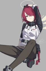 1girl absurdres arknights black_boots black_hood black_pantyhose black_skirt black_sleeves boots closed_mouth exusiai_(arknights) hair_over_one_eye hand_on_own_head highres hood hood_down jacket light_smile long_hair looking_at_viewer pantyhose qtian red_hair sidelocks skirt white_jacket yellow_eyes