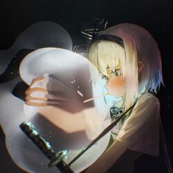 1girl black_background black_bow black_bowtie black_hairband blush bob_cut bow bow_hairband bowtie chromatic_aberration commentary dim_lighting food food_in_mouth glowing green_eyes green_vest hairband highres hug kaeru_mikan katana konpaku_youmu konpaku_youmu_(ghost) light_particles long_sidelocks pocky pocky_day pocky_in_mouth sheath sheathed shirt short_sleeves sidelocks solo sword symbol-only_commentary touhou translucent upper_body vest weapon white_hair white_shirt