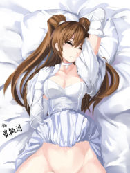 10s 1girl 463_jun arm_up bed breasts brown_hair capelet closed_eyes clothes_lift dress dress_lift female_focus gloves groin jewelry large_breasts long_hair lying necklace ogiso_setsuna on_back open_clothes open_vest out-of-frame_censoring pillow skirt skirt_lift sleeping solo strapless strapless_dress two_side_up vest white_album_(series) white_album_2 white_dress white_gloves