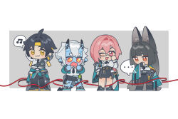 1boy 3girls absurdres animal_ears aozora_23333 asaba_harumasa black_hair black_skirt blue_skin brown_eyes chibi colored_skin dress_shirt fox_ears fox_girl glasses green_jacket hair_between_eyes headband high-waist_skirt highres horns hoshimi_miyabi jacket long_hair looking_at_viewer multiple_girls oni open_mouth pencil_skirt pink_eyes pink_hair pointy_ears red_eyes shirt short_hair sidelocks skirt smile soukaku_(zenless_zone_zero) standing tsukishiro_yanagi white_hair white_shirt yellow_eyes yellow_headband zenless_zone_zero
