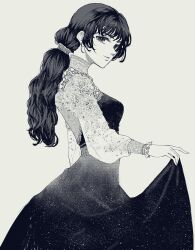 Rule 34 | 1girl, absurdres, breasts, commentary, cowboy shot, dress, floral print, floral print dress, frilled dress, frills, from side, greyscale, high collar, highres, long hair, looking at viewer, looking to the side, low ponytail, medium breasts, monochrome, original, parted lips, ponytail, print dress, simple background, skirt hold, solo, standing, white background, yatori850