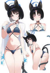 1girl absurdres animal_ears ass bent_over bikini black_choker black_eyes black_hair blue_archive blue_bikini blue_halo blush breasts bright_pupils choker cleavage closed_eyes closed_mouth halo highres jbell kikyou_(blue_archive) kikyou_(swimsuit)_(blue_archive) large_breasts looking_at_viewer looking_back multiple_tails multiple_views official_alternate_costume side-tie_bikini_bottom simple_background smile swimsuit tail thighs underboob white_background white_pupils