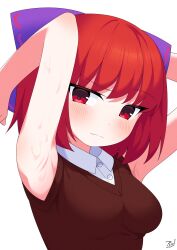 1girl armpits arms_up blush bow breasts brown_dress dress hair_bow highres looking_at_viewer medium_breasts punidayo purple_bow red_eyes red_hair sekibanki shirt short_hair signature sleeveless sleeveless_dress sleeveless_shirt solo sweat sweatdrop touhou white_background