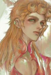 1boy a_io_u blonde_hair cleavage_cutout closed_mouth clothing_cutout curly_hair earrings giorno_giovanna green_eyes hair_over_shoulder highres jacket jewelry jojo_no_kimyou_na_bouken light_blush long_hair male_focus pink_jacket portrait sidelocks solo upper_body vento_aureo