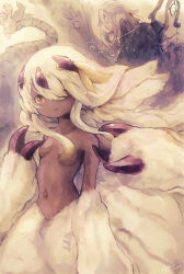 1boy 2girls absurdres belafu belafu_(narehate) breasts brown_eyes claws closed_mouth commentary_request extra_arms faputa fewer_digits hair_over_breasts hair_over_one_eye highres long_hair made_in_abyss monster_boy monster_girl multiple_girls navel one_eye_covered profile small_breasts stick_figure vueko wazukyan white_hair yubrich