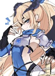 1girl alternate_costume armor armpits black_gloves blonde_hair blue_dress blue_eyes blush boobplate bow breastplate breasts dress fingerless_gloves gloves goddess_of_victory:_nikke guillotine_(nikke) guillotine_(winter_slayer)_(nikke) hair_bow highres horns looking_at_viewer official_alternate_costume small_breasts smile smirk solo tu_pa_pa_pa wings