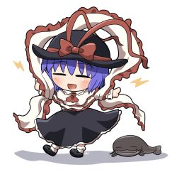 1girl animal black_hat black_shoes black_skirt blue_hair blush capelet catfish closed_eyes fish full_body hair_between_eyes hat hat_ribbon long_sleeves nagae_iku namazu_(touhou) open_mouth red_ribbon ribbon rokugou_daisuke shirt shoes short_hair signature simple_background skirt smile socks solo touhou white_background white_capelet white_shirt white_socks