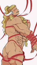 1boy absurdres ass bara blonde_hair blush bound bound_arms braid cowboy_shot curled_horns from_side head_tilt highres horns jack_(one_piece) large_pectorals long_hair looking_at_viewer looking_to_the_side male_focus mouth_hold muscular muscular_male naked_ribbon obliques one_piece pectorals ponytail puffy_chest red_ribbon ribbon solo wodon_(neotidon)