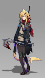 1girl axe bandage_on_face bandaged_tail bandages belt black_coat black_pantyhose blonde_hair blood bloody_weapon bracelet chinese_commentary coat commentary_request drill_hair fins fish_skeleton_hair_ornament fish_tail gloves grey_background gun gun_on_back hair_between_eyes heterochromia highres holding holding_axe indie_virtual_youtuber jewelry kaofish knee_pads loafers long_bangs looking_at_viewer medium_hair official_art open_mouth pantyhose red_eyes red_scarf rifle scarf shadow shark_tail shirt shoes simple_background skirt sleeves_past_fingers sleeves_past_wrists spiked_bracelet spikes tail tiptoes weapon weapon_on_back yellow_eyes