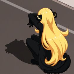 1girl absurdres arms_up black_coat black_pants black_shoes blonde_hair breasts cat_shadow_puppet_(meme) coat cynthia_(pokemon) facing_away from_behind full_body fur-trimmed_coat fur-trimmed_sleeves fur_trim hair_ornament highres long_hair medium_breasts meme nintendo pants pokemon pokemon_dppt road shoes solo squatting su1zide very_long_hair