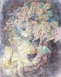 1girl bow bug cloud crying crying_with_eyes_open dress flower fork frills glowing hair_flower hair_ornament highres holding holding_flower holding_fork horns insect long_sleeves moth original plant ribbon shiratama_anzu solo sparkle star_(symbol) surreal tears traditional_media upper_body white_hair