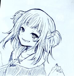 Rule 34 | 1girl, blush, commentary request, drawstring, gawr gura, gawr gura (1st costume), grin, hair ornament, highres, hololive, hololive english, hood, hood down, hoodie, kiritoma, long hair, long sleeves, looking at viewer, photo (medium), pinching sleeves, sharp teeth, sketch, sleeves past wrists, smile, solo, teeth, traditional media, two side up, virtual youtuber