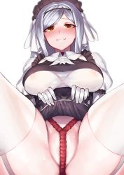 1girl absurdres areola_slip asymmetrical_bangs bad_id bad_pixiv_id black_lilith black_lilith_(last_origin) blush breasts ckhd clothes_lift female_focus gloves grin heart heart-shaped_pupils highres large_breasts last_origin lifting_own_clothes long_hair looking_at_viewer maid_headdress no_panties see-through_clothes shibari shibari_under_clothes silver_hair simple_background skirt skirt_lift smile solo spread_legs sweat symbol-shaped_pupils thighhighs white_background white_gloves white_thighhighs yellow_eyes