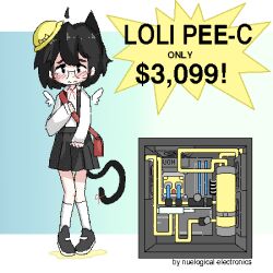 1girl ad ahoge angel_wings animal_ears aqua_background artist_name bag black_hair blush cat_ears cat_girl cat_tail closed_mouth collared_shirt computer detached_ahoge detached_wings dithering embarrassed english_text extra_ears female_focus full_body glasses gradient_background grey_shoes grey_skirt hat jaggy_lines kneehighs loli long_sleeves looking_at_viewer lowres medium_hair meme mini_wings neck_ribbon nuelogical original pee peeing peeing_self pigeon-toed pleated_skirt puddle red_bag red_ribbon ribbon shirt shoes shoulder_bag skirt sleeves_past_wrists socks solo suspender_skirt suspenders tail tail_ornament tail_ribbon tilted_headwear uohhhhhhhhh!_(meme) white_shirt white_socks wings yellow_hat