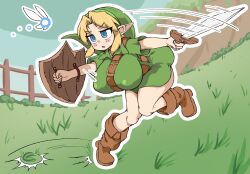 1girl bent_over blonde_hair blue_eyes blue_sky blush boots breasts brown_footwear day dress fairy genderswap genderswap_(mtf) grass green_dress green_hat hat highres huge_breasts link masked_agent navi nintendo open_mouth outdoors outline pointy_ears shield short_sleeves sky standing standing_on_one_leg sword the_legend_of_zelda the_legend_of_zelda:_ocarina_of_time weapon white_outline