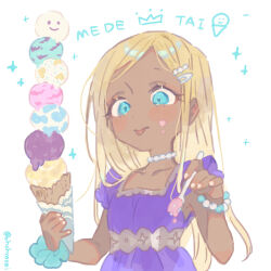 1girl :p absurdres blue_eyes blush dark-skinned_female dark_skin dress eating food food_on_face highres ice_cream idolmaster idolmaster_cinderella_girls layla_(idolmaster) long_hair multiple_scoops oimo_(14sainobba) purple_dress solo tongue tongue_out too_many too_many_scoops upper_body