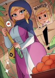 ! 1girl black_cloak blonde_hair blue_eyes blush breasts brick_wall cloak creature dress food fruit hair_ornament heart holding holding_wand hood hood_up hooded_cloak large_breasts long_sleeves looking_at_viewer nintendo orange_(fruit) pink_dress plant pointy_ears princess_zelda short_hair smile sparkle speech_bubble spoken_heart standing the_legend_of_zelda the_legend_of_zelda:_echoes_of_wisdom thick_thighs thighs tiara tony_welt tri_(zelda) tri_rod vines wand wanted_poster wide_hips x_hair_ornament