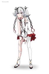 1girl absurdres bad_source black_eyes breasts camellya_(wuthering_waves) camellya_mascot_(meme) chimaera_scre closed_mouth dress earrings full_body gold_earrings hair_between_eyes hair_vines high_heels highres jewelry looking_afar looking_ahead medium_breasts meme open-toe_shoes pantyhose photo-referenced red_pupils shoes short_hair short_twintails simple_background single_leg_pantyhose smile solo toes twintails twitter_username white_background white_dress white_hair white_pantyhose white_shoes wuthering_waves
