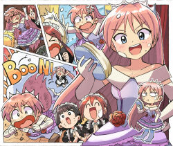 4girls anger_vein apron blue_eyes brown_hair dress english_text explosion flower food high_heels long_hair maid maid_apron maid_headdress multiple_girls open_mouth original pie pink_hair red_hair rose scratches short_hair sound_effects tiara tongue tongue_out tsubobot x