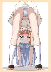 a.i._voice arm_support ass black_footwear blue_eyes blue_hair blush braid cameltoe dress gradient_eyes hair_ornament highres kizuna_akari kizuna_akari_(tsubomi) legs long_hair looking_at_viewer looking_through_own_legs maretto multicolored_eyes navel open_mouth panties purple_eyes short_sleeves side_braid single_braid socks teeth thighs underwear upper_teeth_only upshirt upskirt view_between_legs white_panties white_socks