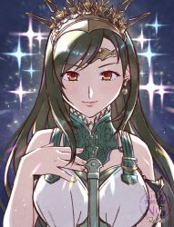 1girl armlet artist_name bare_shoulders black_hair breasts closed_mouth commentary_request crown dress earrings final_fantasy final_fantasy_vii final_fantasy_vii_rebirth final_fantasy_vii_remake gold_crown gold_earrings gold_tiara hand_on_own_chest highres jewelry light_blush light_particles lips long_hair looking_at_viewer medium_breasts official_alternate_costume red_eyes rena_s1226 single_sidelock sleeveless sleeveless_dress smile solo sparkle swept_bangs tifa_lockhart tifa_lockhart_(loveless_dress) upper_body white_dress