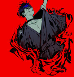 1boy afloat animal_print black_choker black_hair black_haori blood blue_hair choker cracked_skin dragging earrings face_piercing haori highres japanese_clothes jewelry looking_at_another male_focus mini_(mini_ma_list) multicolored_hair omokage_yugamu out_of_frame piercing pulling_another&#039;s_clothes short_hair single_earring solo_focus spider_print the_hundred_line_-last_defense_academy-