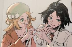 1boy 1girl ahoge baogu11 bianca_(pokemon) blonde_hair blush cheren_(pokemon) collarbone collared_shirt green_eyes green_hat hat heart heart_hands heart_hands_duo highres looking_at_another looking_to_the_side necktie nintendo pokemon pokemon_bw2 red-framed_eyewear red_necktie semi-rimless_eyewear shirt upper_body white_shirt