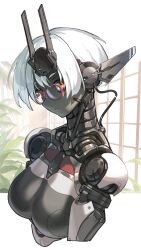 1girl black_eyes breasts cable colored_skin cropped_torso glasses go-malniju grey_skin highres indoors joints lens_eye looking_at_viewer mechanical_ears medium_breasts multicolored_eyes original plant potted_plant ringed_eyes robot_girl robot_joints science_fiction short_hair solo very_short_hair white_hair