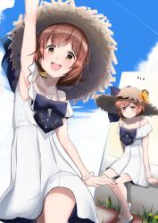 Rule 34 | 1girl, anchor symbol, arm up, blue bow, blue sky, bow, brown eyes, brown hair, cloud, dress, flower, hair flower, hair ornament, hat, kantai collection, kimura shiki, looking at viewer, multiple views, official alternate costume, open mouth, round teeth, short hair, sky, smile, speaking tube headset, straw hat, sun hat, sundress, sunflower, sunflower hair ornament, teeth, white dress, yukikaze (kancolle), yukikaze (summer) (kancolle)