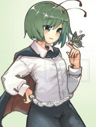 1girl antennae black_cape black_shorts blush bug butterfly butterfly_on_hand cape collared_shirt commentary_request cowboy_shot ginnkei green_eyes green_hair highres insect long_sleeves open_mouth red_cape shirt short_hair shorts smile solo touhou two-sided_cape two-sided_fabric watermark white_shirt wriggle_day wriggle_nightbug yellow_butterfly