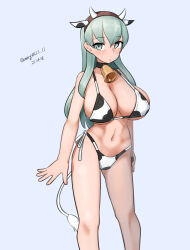 1girl absurdres alternate_costume animal_ears animal_print aqua_background aqua_hair bell bikini breasts cleavage cow_ears cow_horns cow_print cow_print_bikini cow_tail cowbell dated fake_animal_ears fake_horns feet_out_of_frame green_eyes highres horns kantai_collection large_breasts long_hair maru_(marg0613) navel neck_bell one-hour_drawing_challenge print_bikini side-tie_bikini_bottom simple_background solo suzuya_(kancolle) swimsuit tail twitter_username white_bikini