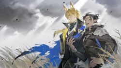 2boys animal_ears arknights arm_up black_cape black_coat black_shirt blue_cape blue_eyes buttons cape character_request chinese_commentary coat commentary_request covered_abs covered_pectorals double-breasted fingernails floating_hair fur-trimmed_hood fur_trim high_collar highres hood hooded_cape horse_boy horse_ears long_hair looking_to_the_side male_focus mlynar_(arknights) multiple_boys ncww_rinichi open_mouth pectorals pointy_ears ponytail popped_collar shirt sideways_glance smile storm teeth torn_cape torn_clothes turtleneck upper_teeth_only wheat wheat_field white_fur wind