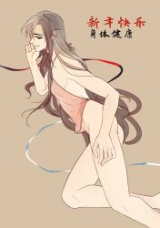 1boy alternate_costume alternate_hairstyle androgynous ass bare_arms bare_shoulders black_eyes black_hair bottomless camisole chinese_clothes chinese_text closed_mouth crossdressing dudou from_side hair_down head_rest long_hair looking_at_viewer lying male_focus minataka94 modao_zushi on_side profile red_camisole red_ribbon revealing_clothes ribbon smile solo toned toned_male translated trap very_long_hair wei_wuxian