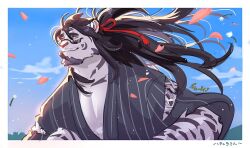 1boy beard black_hair blue_sky border cilohnoino closed_mouth dandelion_seed facial_hair furry furry_male glasses japanese_clothes male_focus original outdoors petals ponytail sky solo tiger tiger_boy upper_body white_border white_tiger
