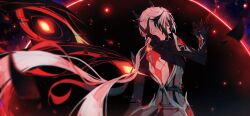 1girl absurdres arlecchino_(cinder_of_two_worlds&#039;_flames)_(genshin_impact) arlecchino_(genshin_impact) bare_back genshin_impact highres long_hair moon peruere_(genshin_impact) red_moon red_wings solo star_(sky) vision_(genshin_impact) white_hair wings xena_rai