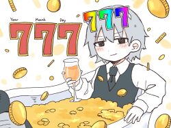 Rule 34 | 1girl, 777, bathing, black eyes, black necktie, black vest, blush, closed mouth, coin, collared shirt, commentary request, cup, date pun, drinking glass, english text, eyewear on head, falling money, gold coin, grey hair, holding, holding cup, iyowa girls, long sleeves, looking at viewer, mintora, money bath, necktie, novelty glasses, number pun, sayo (iyowa), sayonara jackpot (vocaloid), shirt, short hair, smirk, smug, solo, upper body, vest, white background, white shirt, wine glass