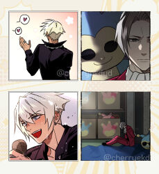 2boys :d ace_attorney ace_attorney_investigations ace_attorney_investigations:_miles_edgeworth arms_behind_back ascot black_shirt blonde_hair box cardboard_box chain chain_necklace cherryekdyd comparison dark formal_clothes grey_eyes grey_hair highres holding holding_microphone jacket jewelry kidnapped male_focus microphone miles_edgeworth multiple_boys music necklace open_mouth pants parted_bangs pink_badger proto_badger red_jacket red_pants red_suit ring shirt singing smile suit tan twitter_username waving white_ascot